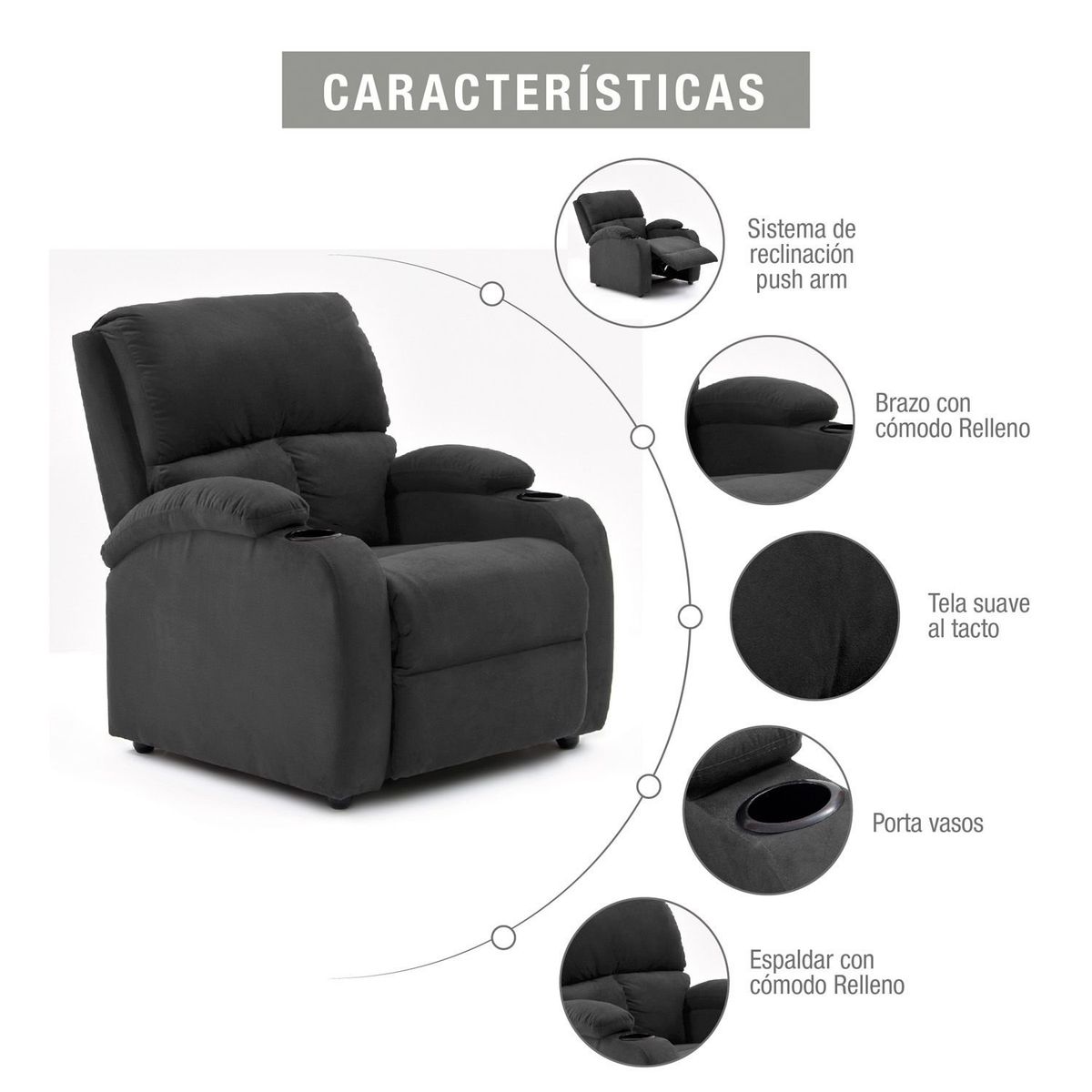 MICA - Silla Reclinable Moderna 1 Puesto Microfibra Push Arm New Rest 82 x 92 x  95 cm Mica - Mueble
