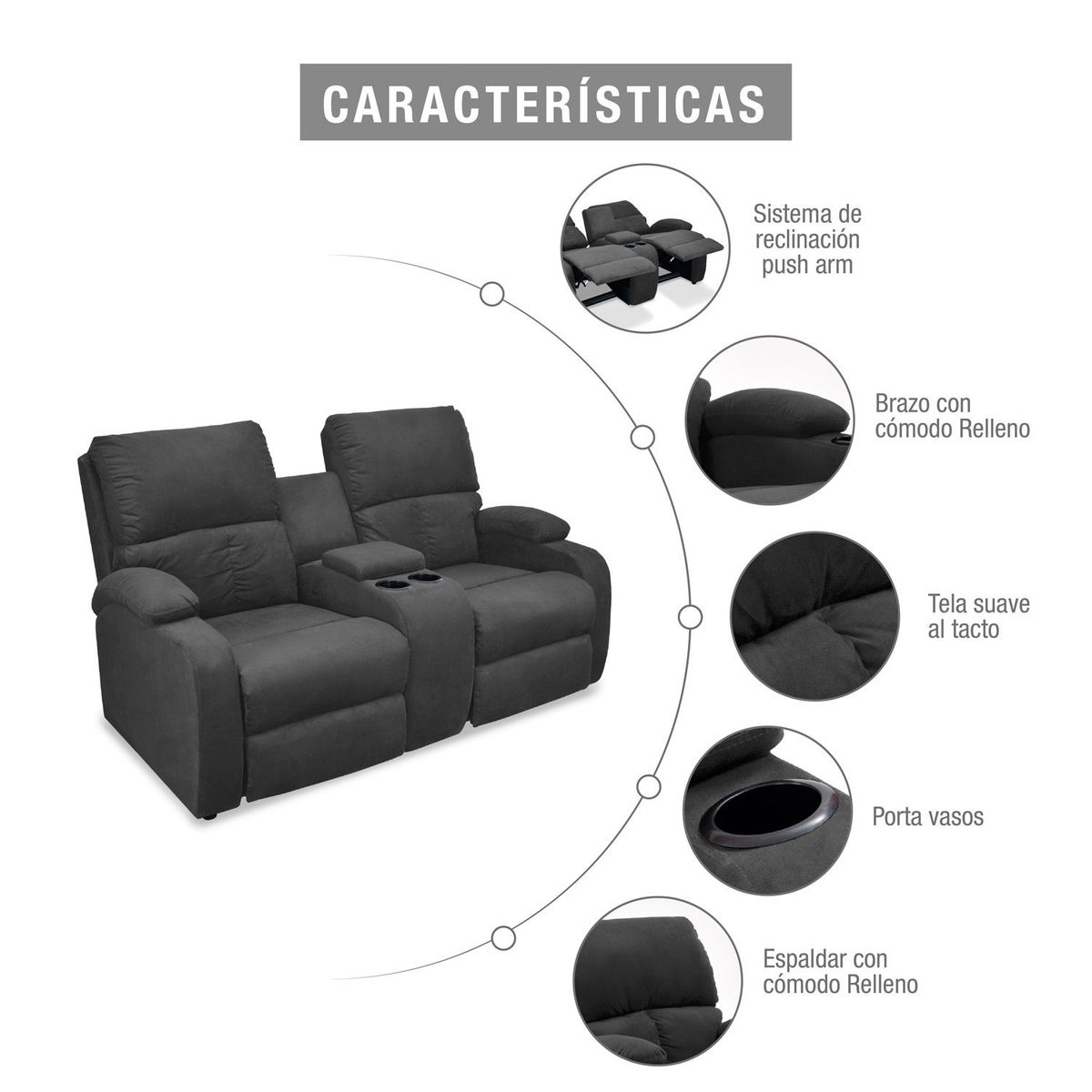 MICA - Sofá Reclinable Moderno 2 Puestos en Microfibra Push Arm New Rest 163 X 95 X 92 cm Mica