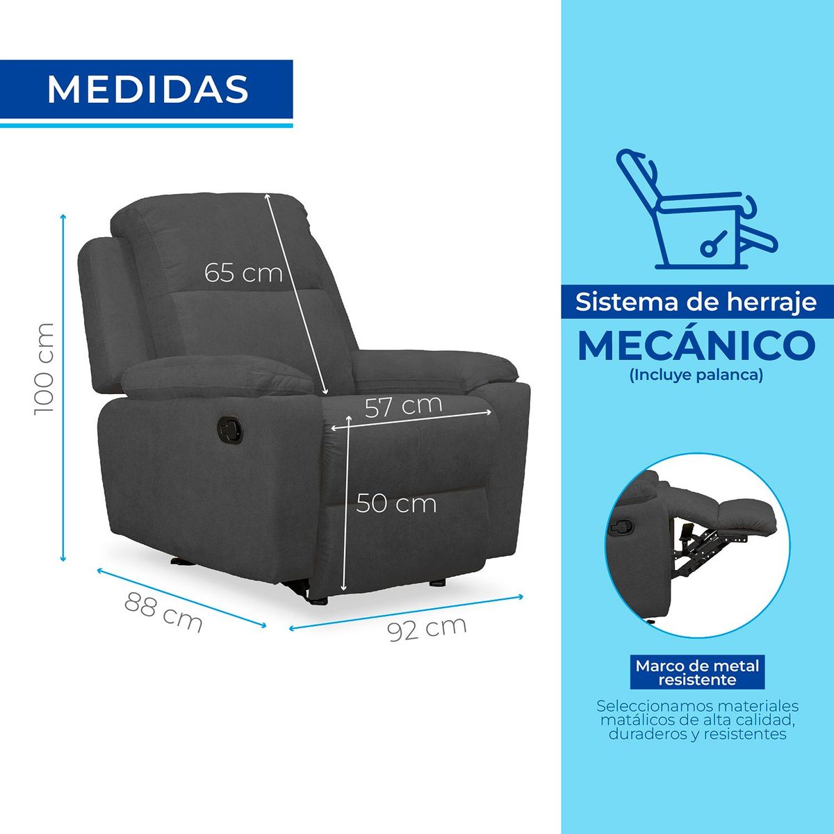MICA - Silla Reclinable Moderna 1 Puesto en Microfibra Mecánica Marsella 92 X 100 X 88 cm Mica