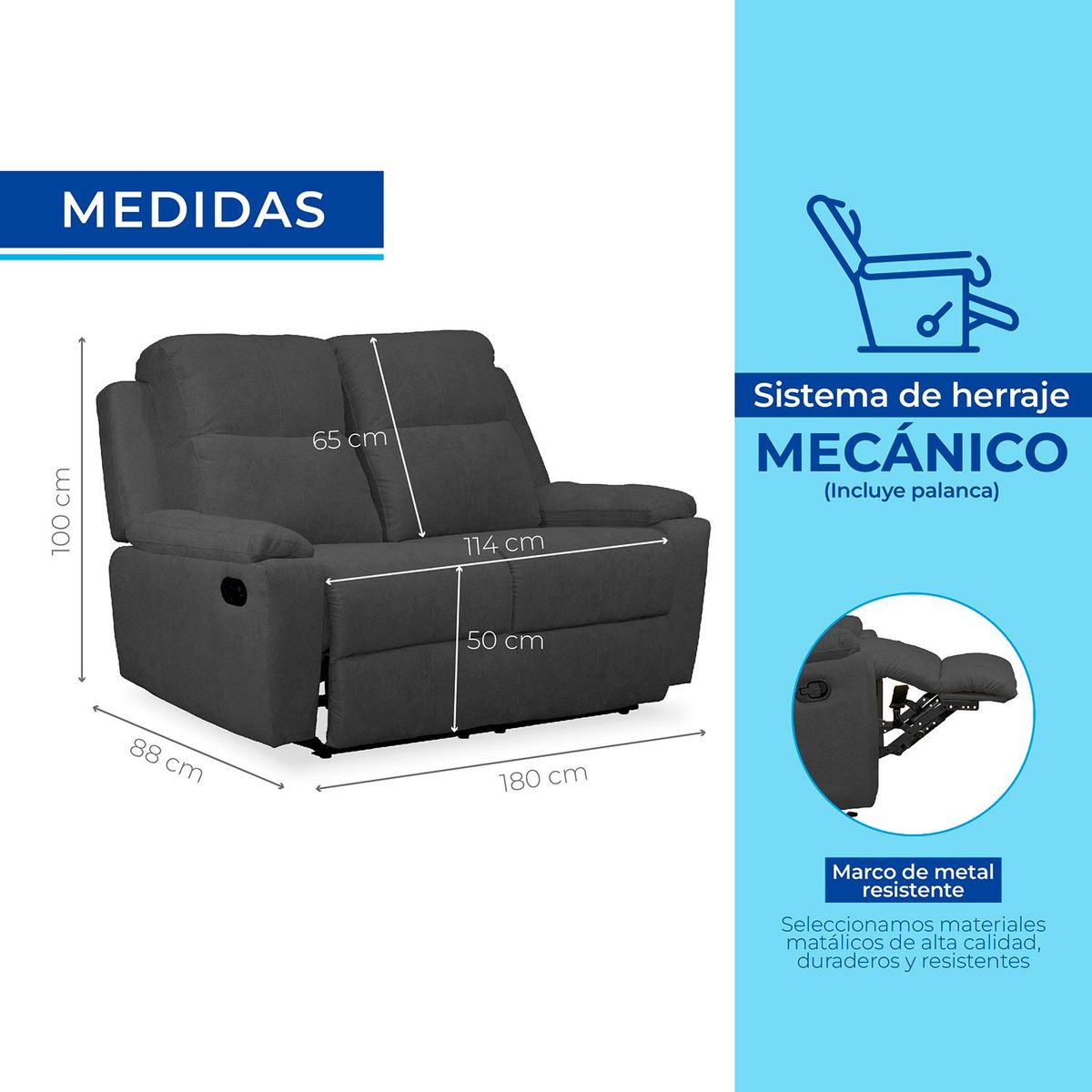 MICA - Sofá Reclinable Moderno 2 Puestos en Microfibra Mecánico Marsella 180 X 100 X 80 cm Mica
