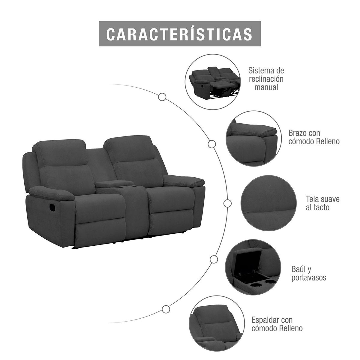 MICA - Sofá Reclinable Moderno 2 Puestos en Microfibra Mecánico Marsella 185 X 100 X 100 cm Mica