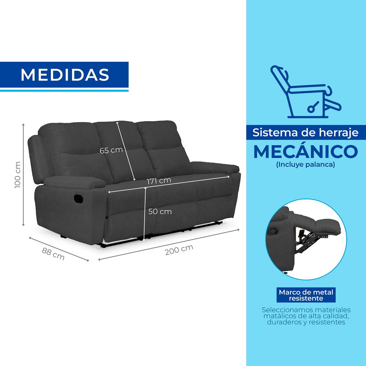 MICA - Sofá Reclinable 3 puestos Microfibra Mecánico Marsella 200 X 100 X 80 cm Gris Oscuro Mica