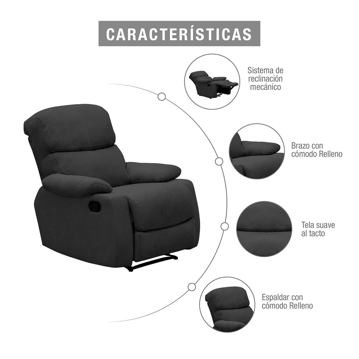 MICA - Silla Reclinable 1 puesto Microfibra Mecánica Velara 80 X 110 X 95 cm Gris Oscuro Mica