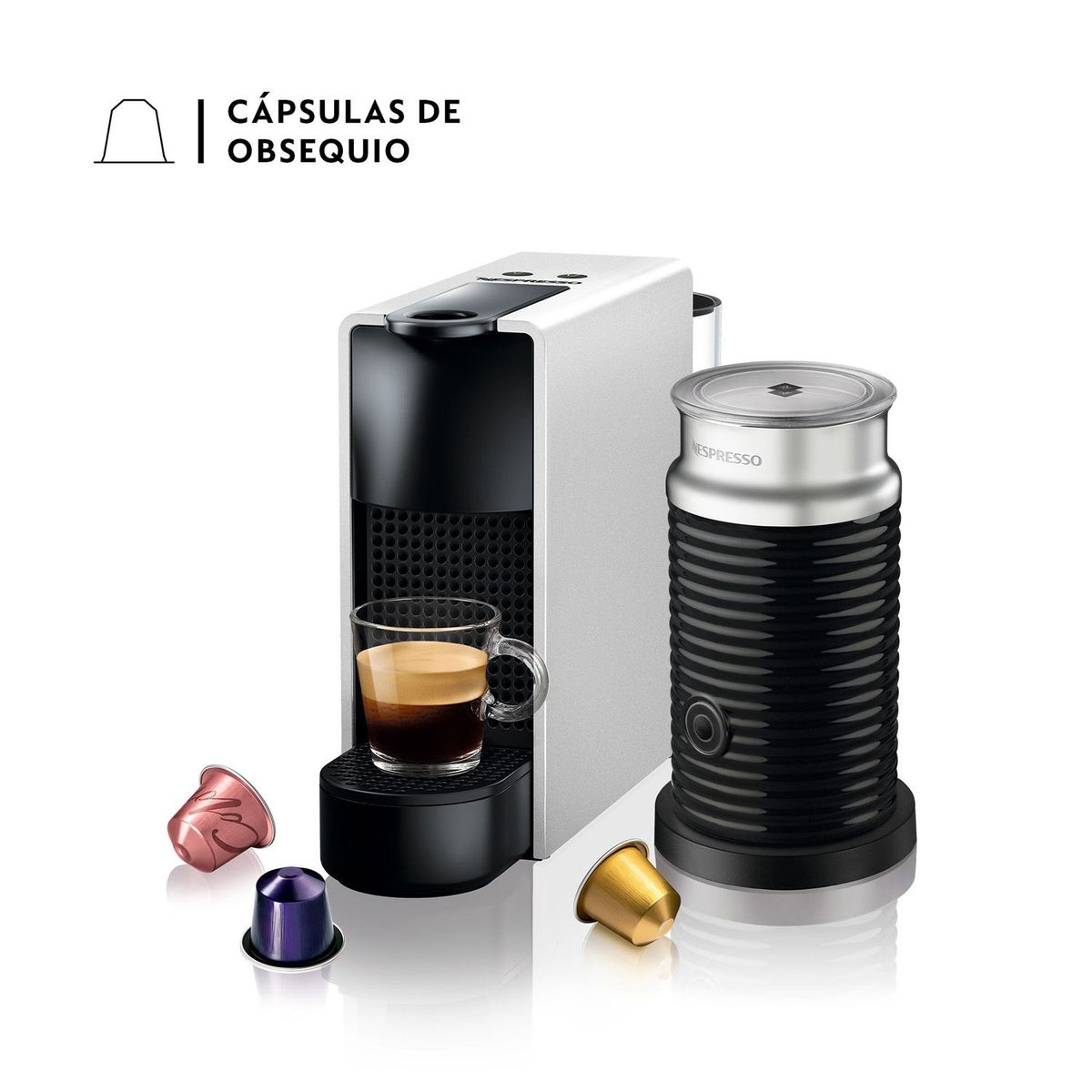 NESPRESSO - Cafetera de Cápsulas Essenza Mini Silver con Espumador de Leche
