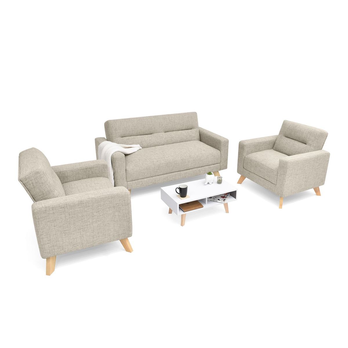 MICA - Juego de Sala Moderno en Tela (Sofá + 2 Poltronas + Mesa de Centro) Seúl Mica