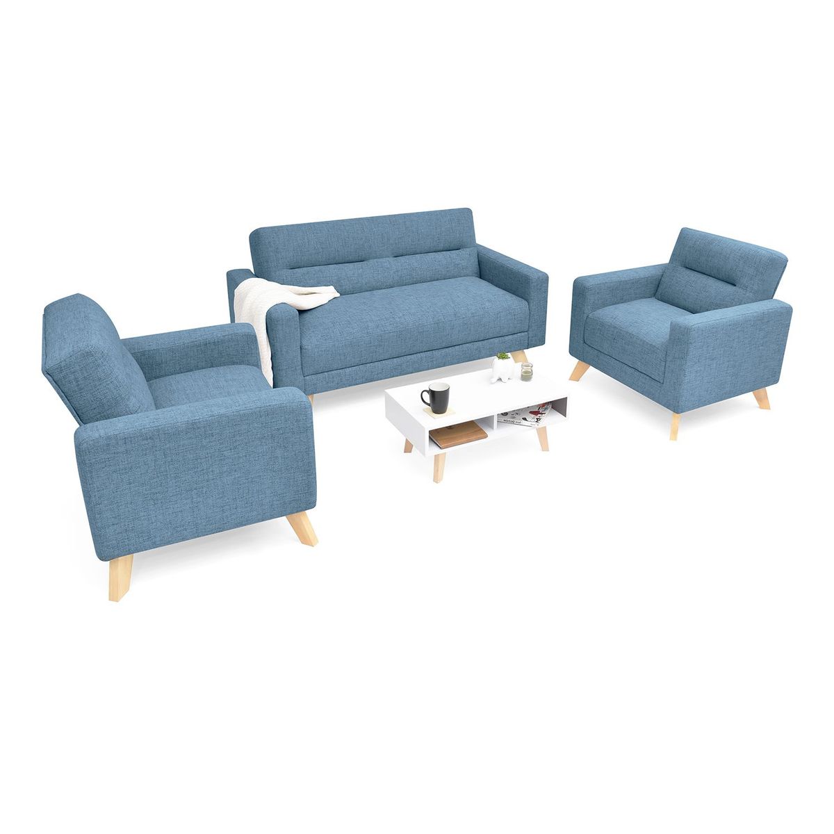 MICA - Juego de Sala Moderno en Tela (Sofá + 2 Poltronas + Mesa de Centro) Seúl Mica