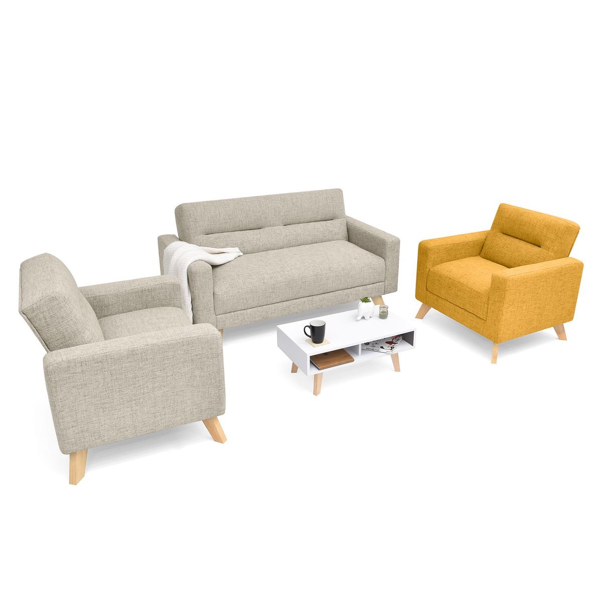 MICA - Juego de Sala Moderno en Tela (Sofá + 2 Poltronas + Mesa de Centro) Mostaza-Taupe Seúl Mica