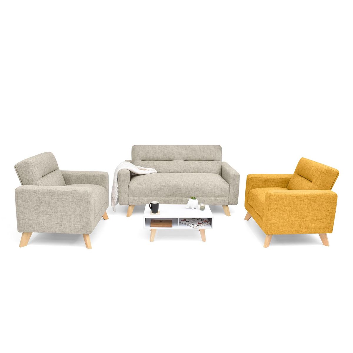 MICA - Juego de Sala Moderno en Tela (Sofá + 2 Poltronas + Mesa de Centro) Mostaza-Taupe Seúl Mica