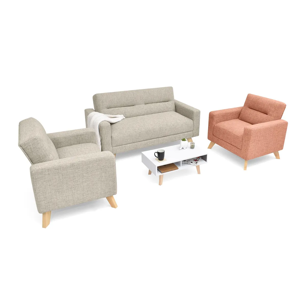 MICA - Juego de Sala Moderno en Tela (Sofá + 2 Poltronas + Mesa de Centro) Mostaza-Taupe Seúl Mica