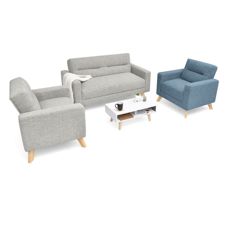 MICA - Juego de Sala Moderno en Tela (Sofá + 2 Poltronas + Mesa de Centro) Índigo-Plata Seúl Mica