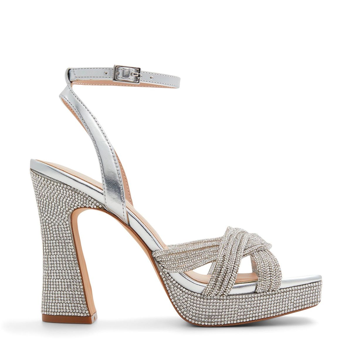 ALDO - Sandalias para Mujer con tacón grueso. Sandalias Aldo plateadas con apliques brillantes para mujer