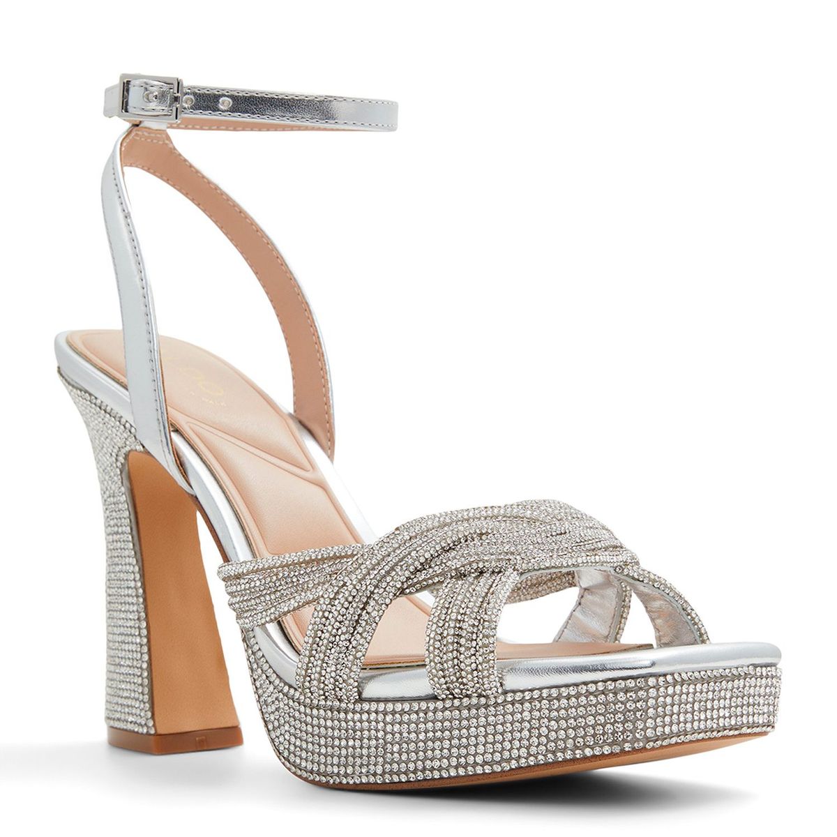 ALDO - Sandalias para Mujer con tacón grueso. Sandalias Aldo plateadas con apliques brillantes para mujer