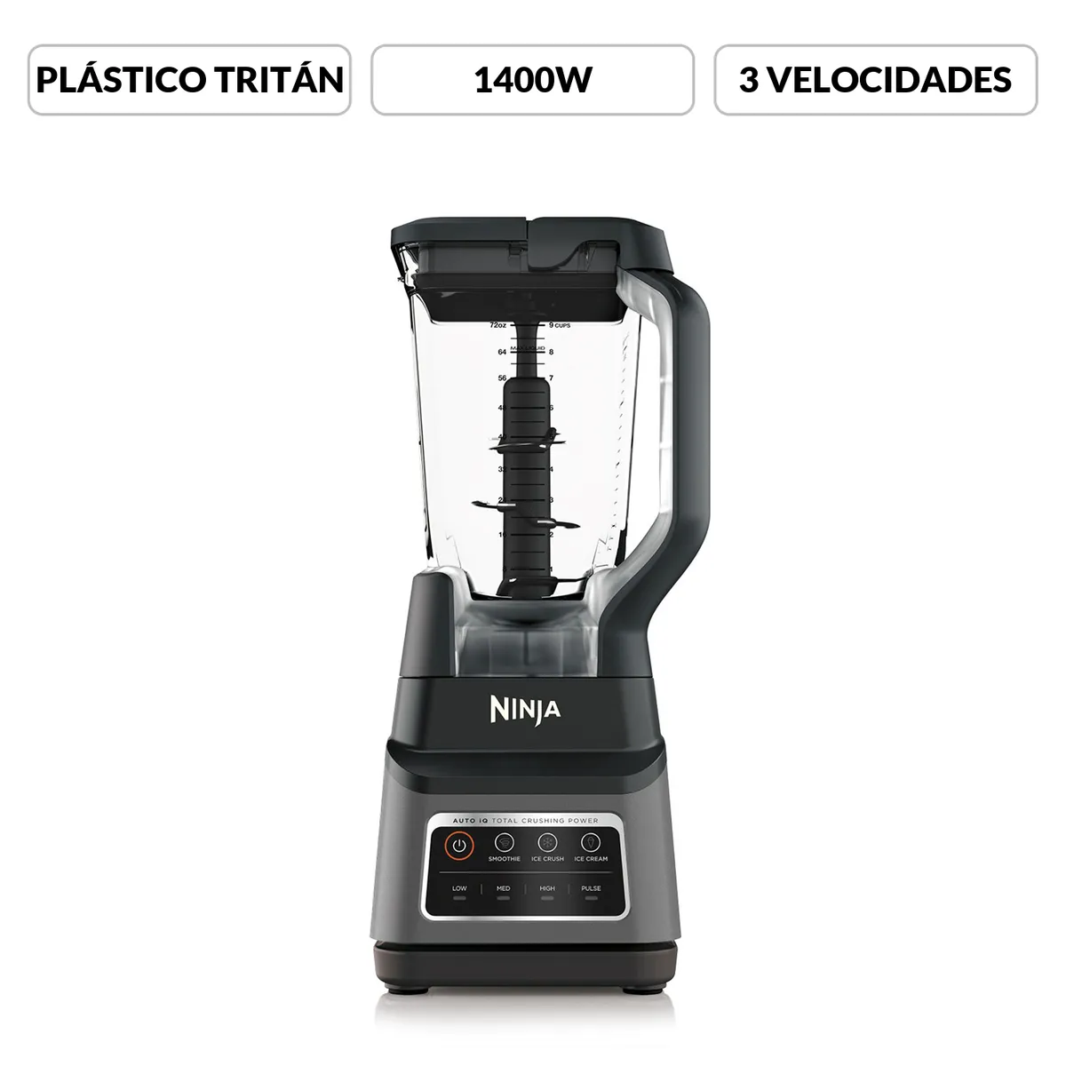 NINJA - Licuadora Profesional Ninja BN701 | 3 Velocidades | 3 Programas Predeterminados Auto IQ para Smoothies, Helados y Trituración de Hielo | 1400 W | 1,9 litros | Vaso de Tritán |Potencia máxima 1400 W