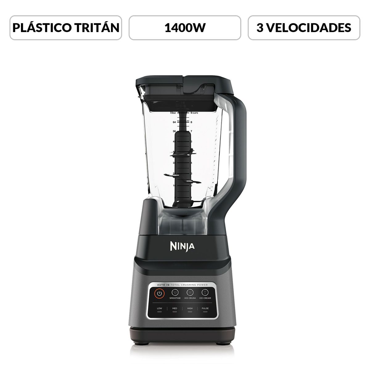 NINJA - Licuadora Profesional Ninja BN701 | 3 Velocidades | 3 Programas Predeterminados Auto IQ para Smoothies, Helados y Trituración de Hielo | 1400 W | 1,9 litros | Vaso de Tritán |Potencia máxima 1400 W