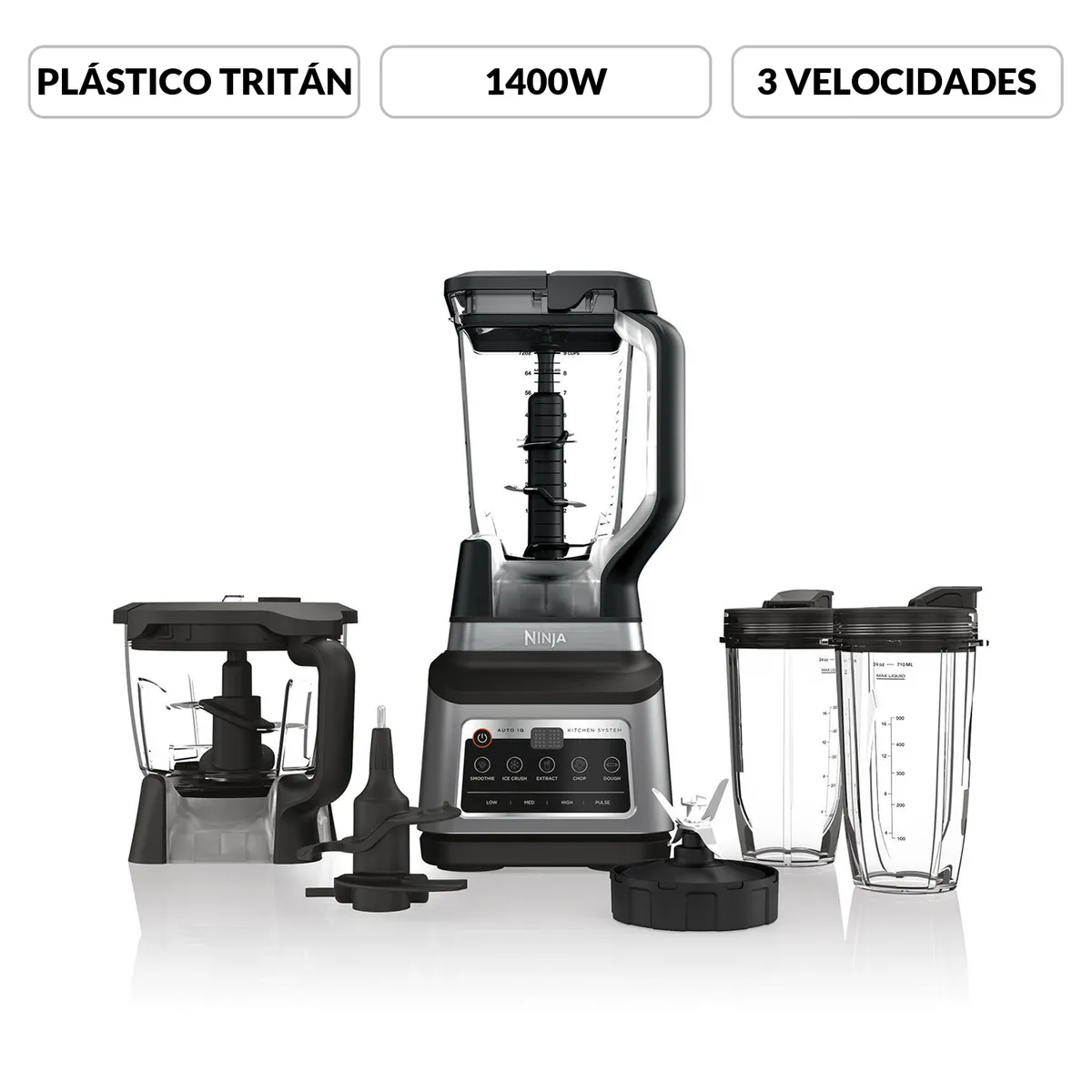NINJA - Licuadora Profesional Ninja BN801 +2 Vasos Personales +Vaso Procesador de Alimentos | 3 Velocidades | 5 Programas Predeterminados Auto IQ para Batidos, Bebidas Congeladas, Extracciones de Frutas, Mezcla de Masas y Picatodo |Potencia máxima 1400 W