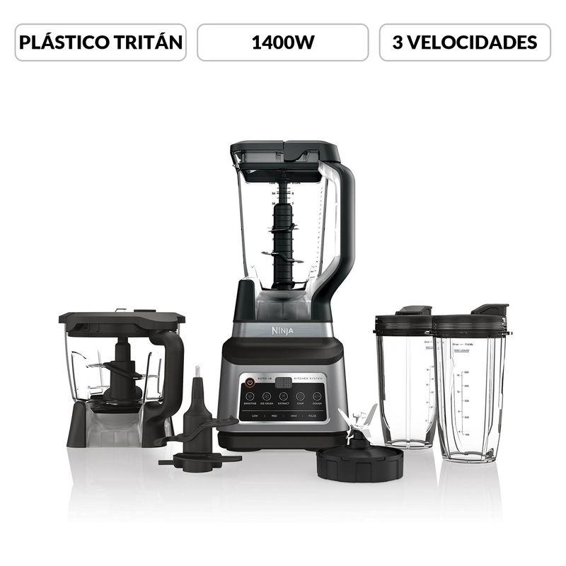 NINJA - Licuadora Profesional Ninja BN801 +2 Vasos Personales +Vaso Procesador de Alimentos | 3 Velocidades | 5 Programas Predeterminados Auto IQ para Batidos, Bebidas Congeladas, Extracciones de Frutas, Mezcla de Masas y Picatodo