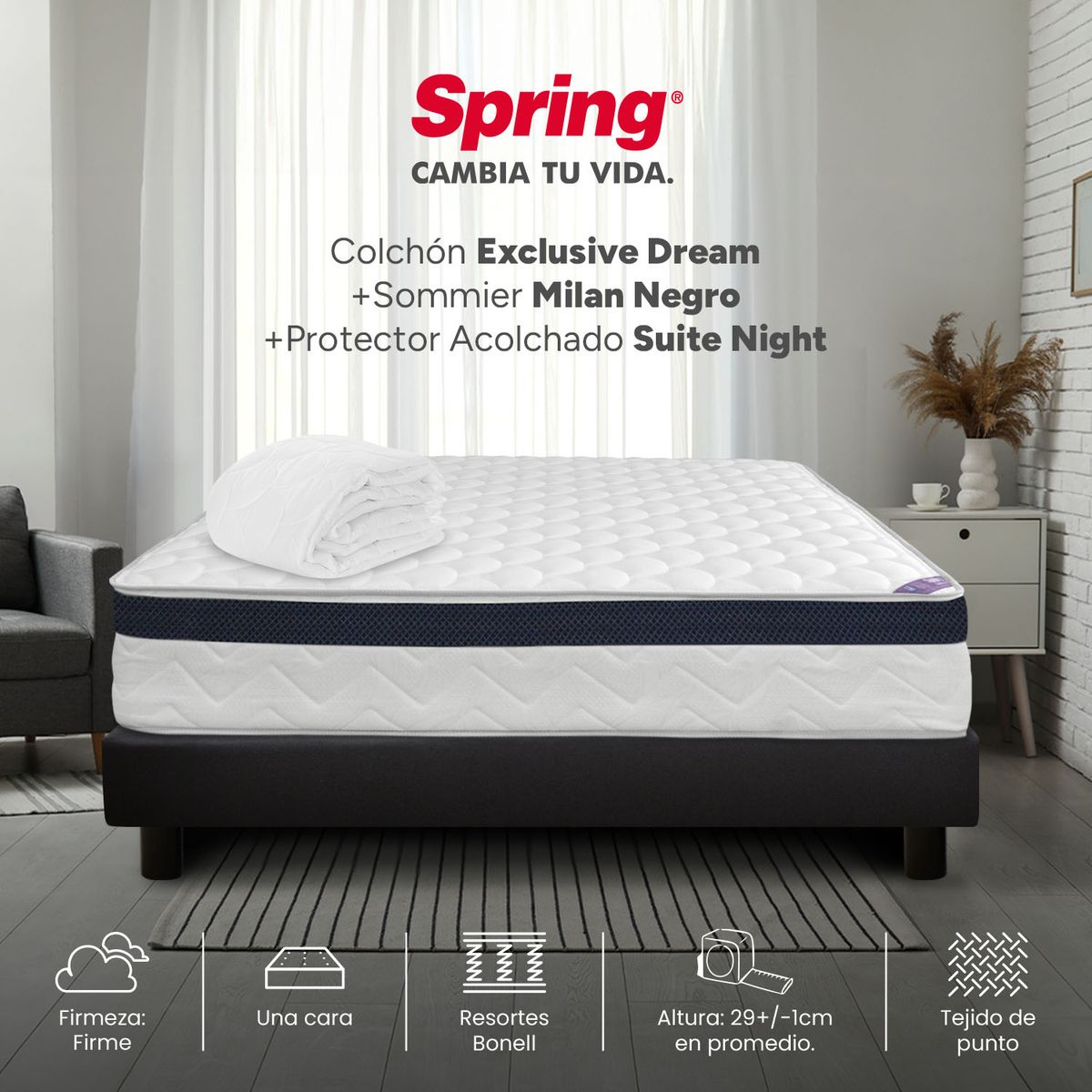 COLCHONES SPRING - Colchón con Base Cama Semidoble Firmeza Media Ortopédico con Pillow Resortado Exclusive 120 x 190 cm + Protector Colchones Spring 