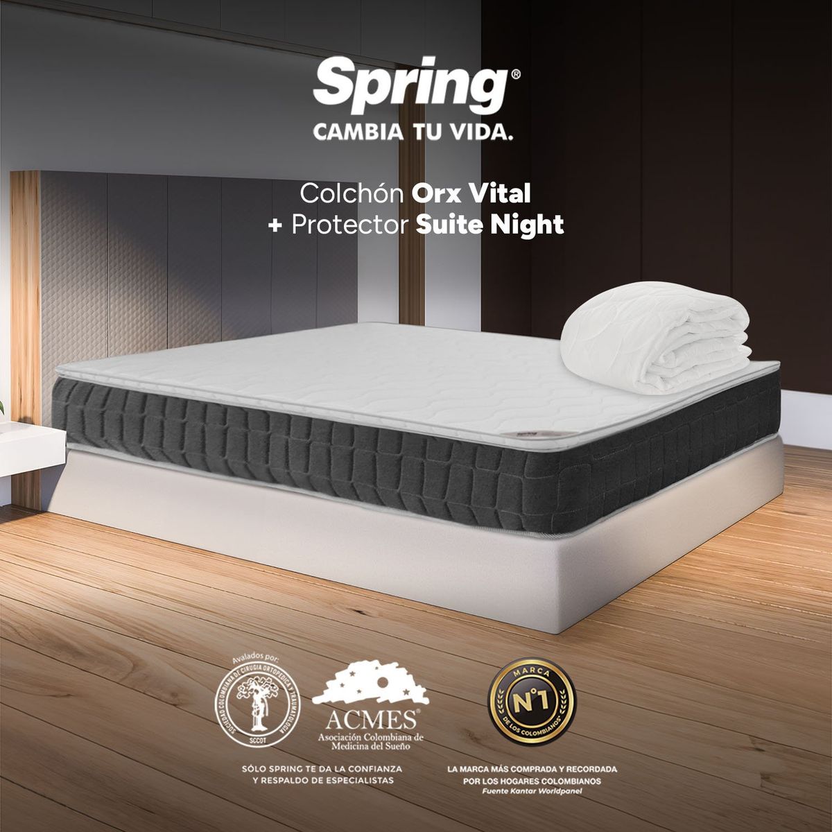 COLCHONES SPRING - Colchón Sencillo Firmeza Media Ortopédico Resortado con Pillow ORX Vital 100 x 190 cm  + Protector Colchones Spring 