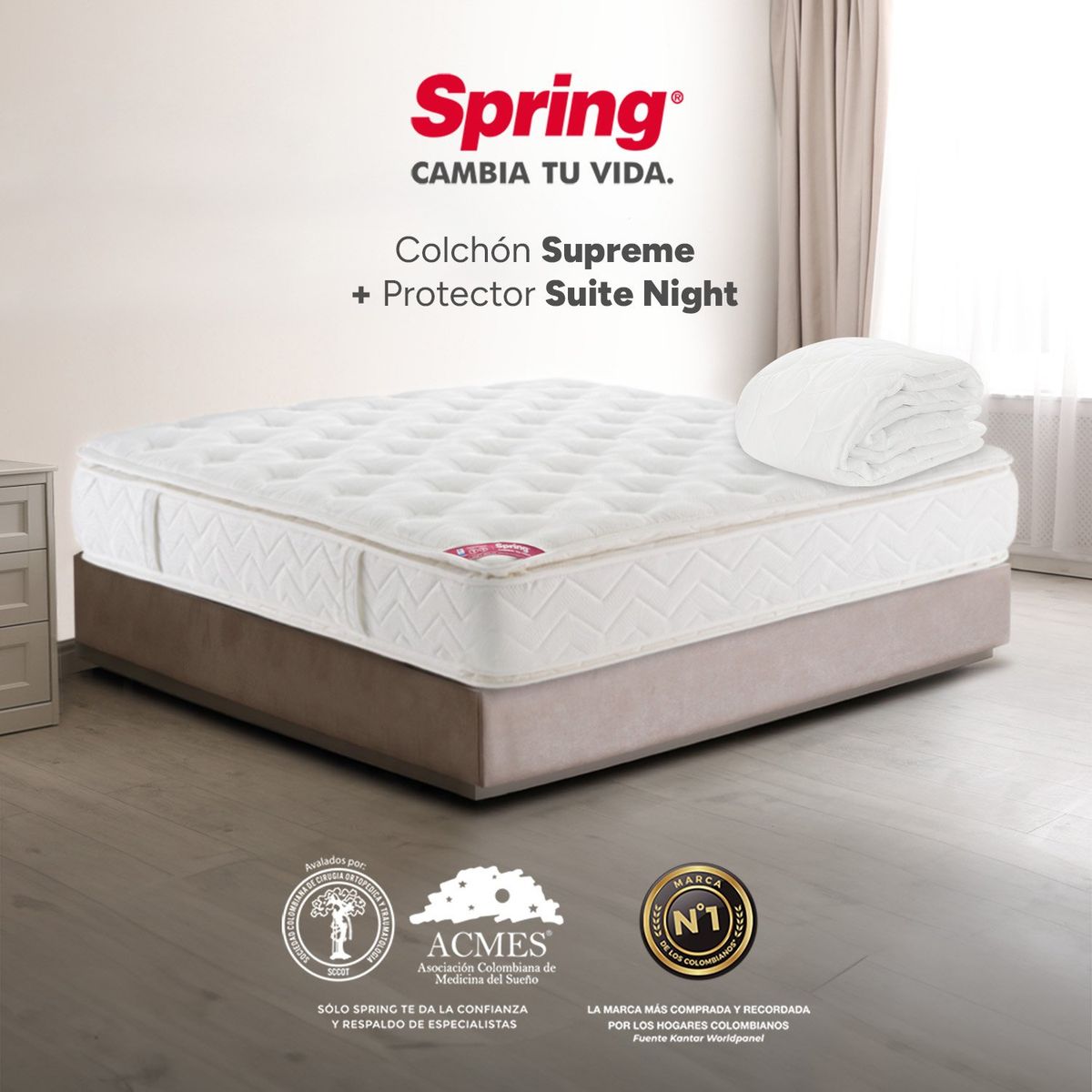 COLCHONES SPRING - Colchón Queen Firmeza Media Ortopédico con Doble Pillow Resortado Supreme 160 x 190 cm + Protector Colchones Spring
