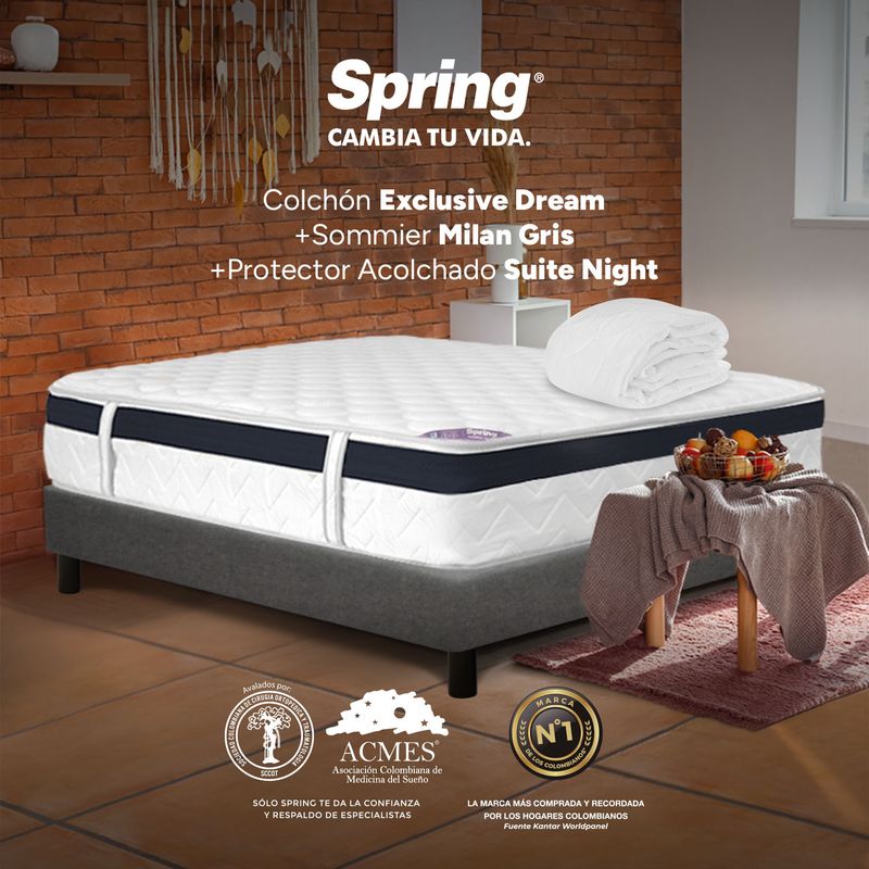 COLCHONES SPRING - Colchón con Base Cama Sencillo Firmeza Media Ortopédico Resortado con Pillow EXC Dream 100 x 190 cm  + Protector Colchones Spring  - 0% Interés a 3 Cuotas Pagando con tu CMR Banco Falabella