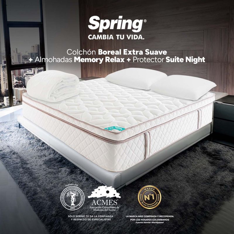 COLCHONES SPRING - Colchón Doble Firmeza Suave Ortopédico Resortado con Pillow Boreal 140 x 190 cm  + Almohada + Protector Colchones Spring  - 0% Interés a 3 Cuotas Pagando con tu CMR Banco Falabella