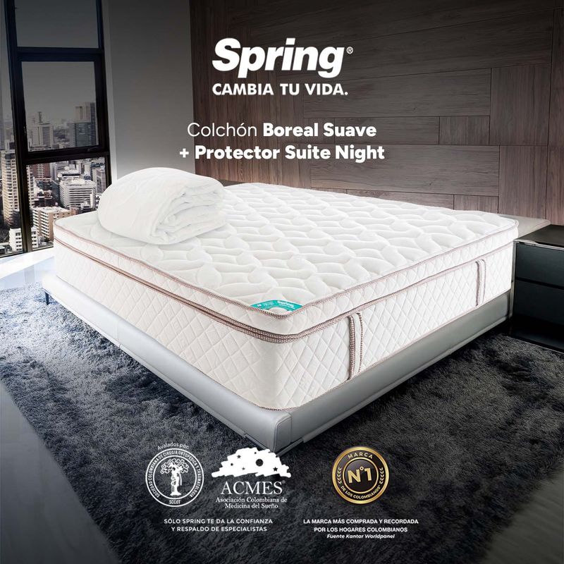 COLCHONES SPRING - Colchón Doble Firmeza Suave Ortopédico Resortado con Pillow Boreal 140 x 190 cm  + Protector Colchones Spring  - 0% Interés a 3 o 6 Cuotas Pagando con tu CMR Banco Falabella 