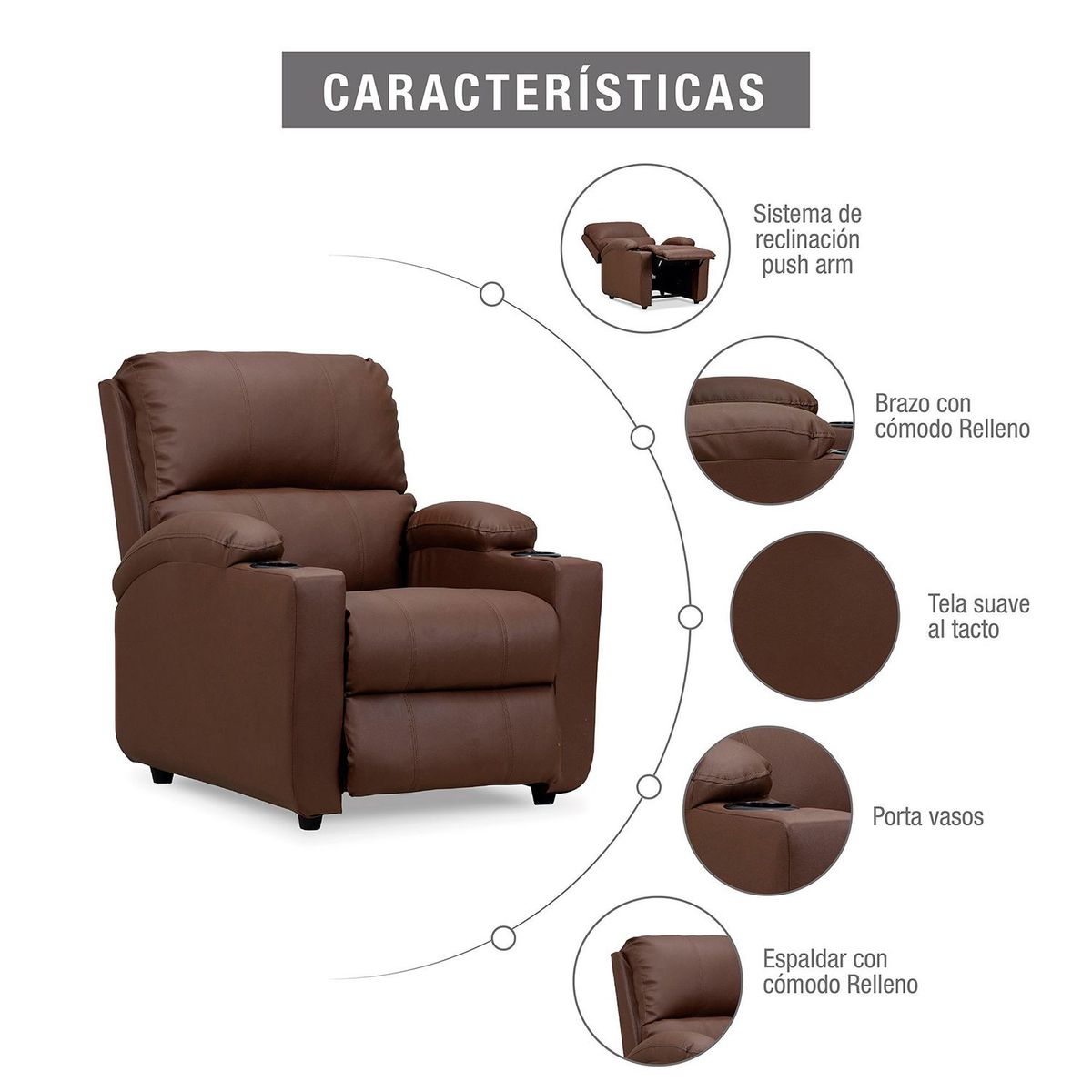 MICA - Silla Reclinable 1 puesto Microfibra Mecánica Alan 82 X 95 X 92 cm Café Mica