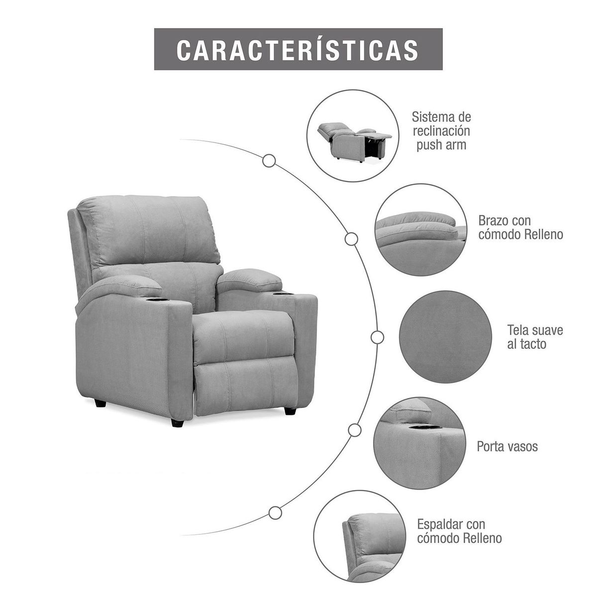MICA - Silla Reclinable 1 puesto Microfibra Mecánica Alan 82 X 95 X 92 cm Gris Mica