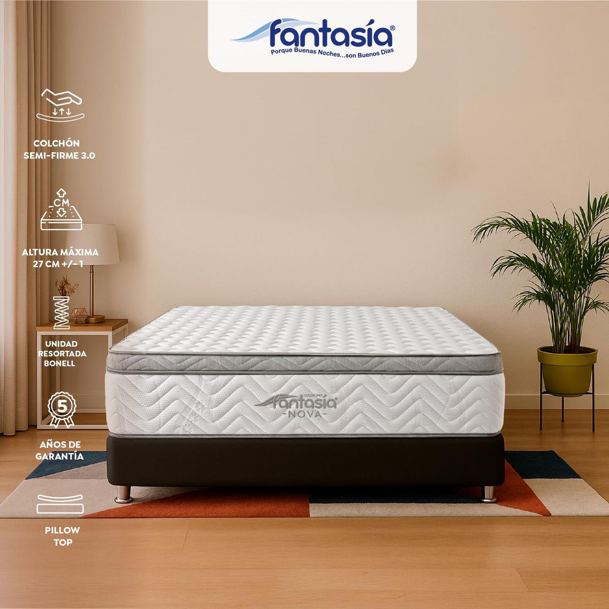 COLCHONES FANTASIA - Colchón Doble Firmeza Media Ortopédico Resortado con Pillow Nova 140 x 190 cm Colchones Fantasía