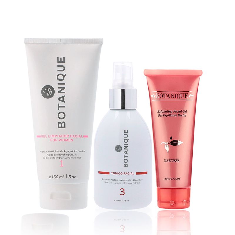  - Kit ritual de limpieza facial Botanique: Gel limpiador facial 150 ml + Gel Exfoliante 80 ml + Tónico Facial 190 ml 