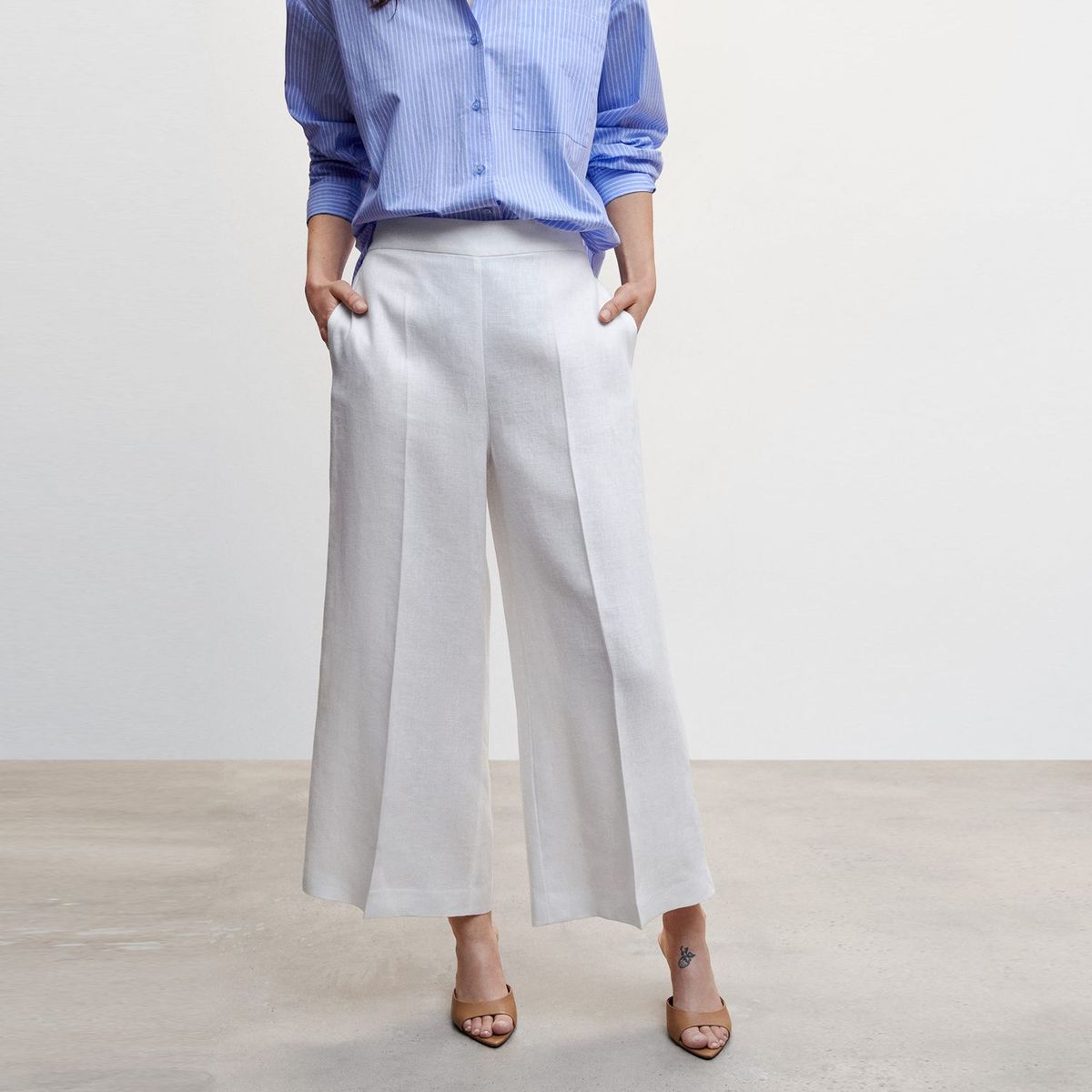 MANGO - Pantalón Culotte Tiro alto de Lino para Mujer