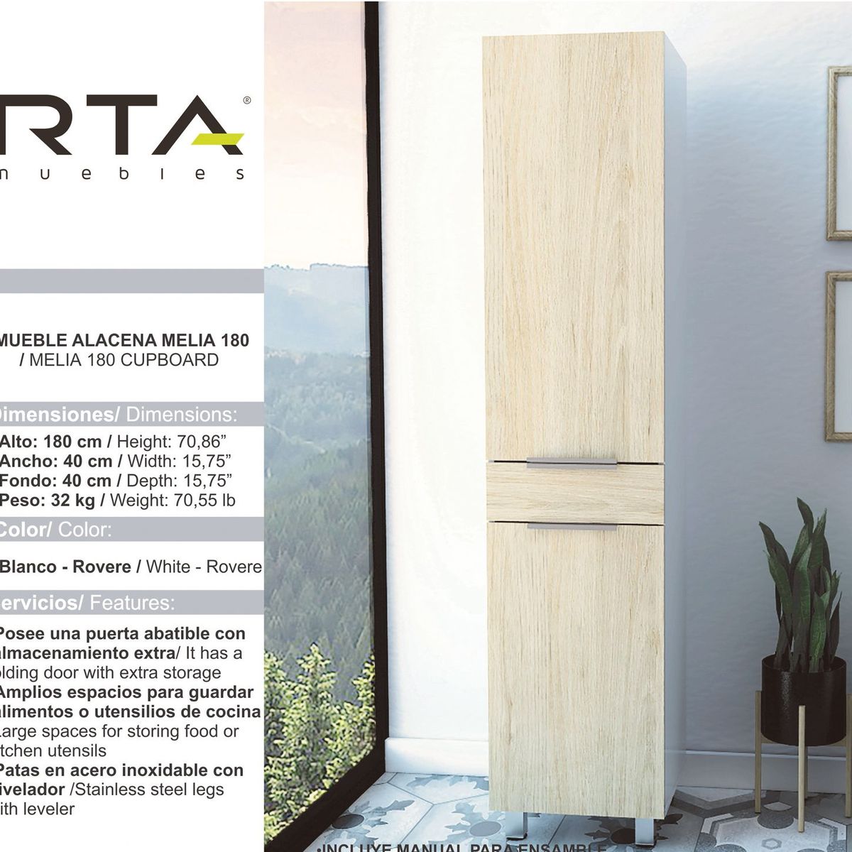 RTA MUEBLES - Alacena Moderna en Aglomerado MDP  180 x 40 x 40 cm RTA Design  - Mueble.