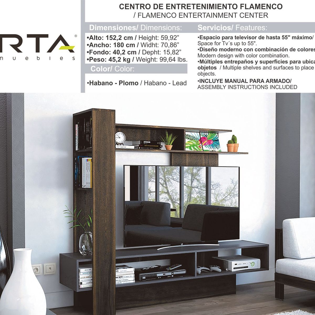 RTA MUEBLES - Centro de Entretenimiento de 180 x 178.5 x 40.2 cm, Mueble de TV Moderno para Televisor de 50 Pulgadas, RTA Muebles.