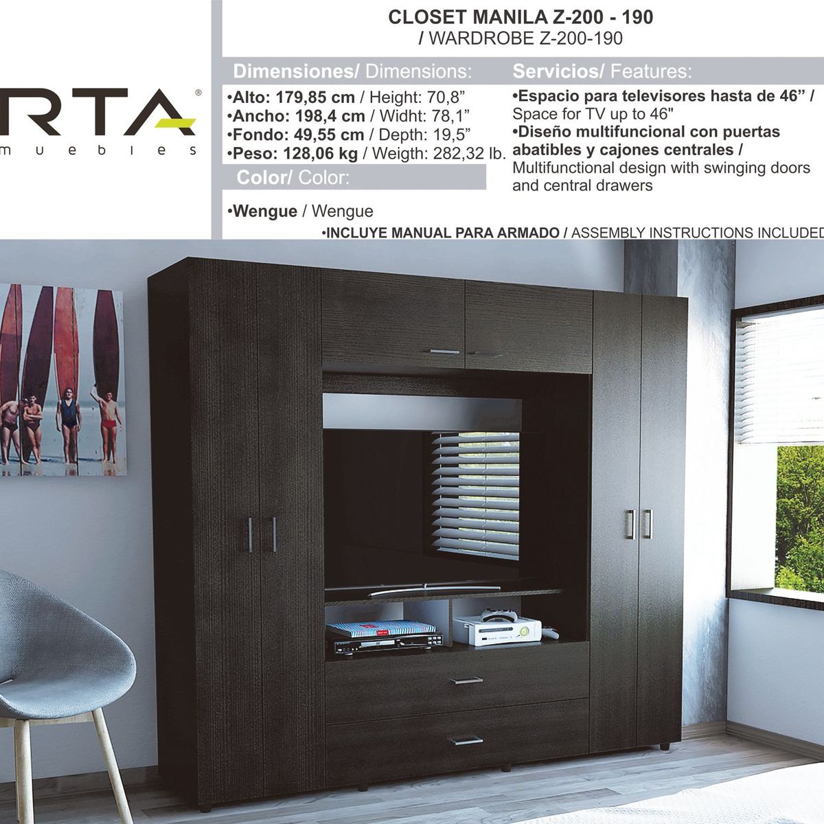 RTA MUEBLES - Closet Moderno en Aglomerado MDF 6 Puertas 2 Cajones 180 x 198 x 50 cm RTA Design  - Mueble