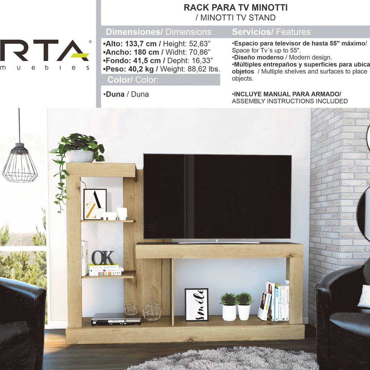 RTA DESIGN - Centro de Entretenimiento de 180 x 133.7 x 41.5 cm, Mueble de TV Moderno para Televisor de 55 Pulgadas,  RTA Muebles.