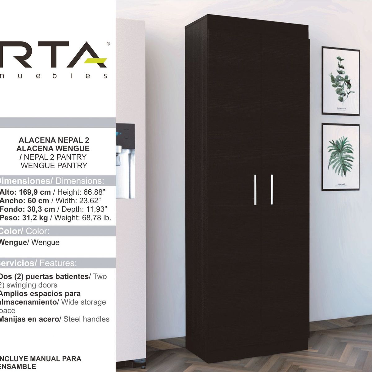 RTA MUEBLES - Alacena Moderna en Aglomerado MDP  170 x 60 x 30 cm RTA Design  - Mueble.
