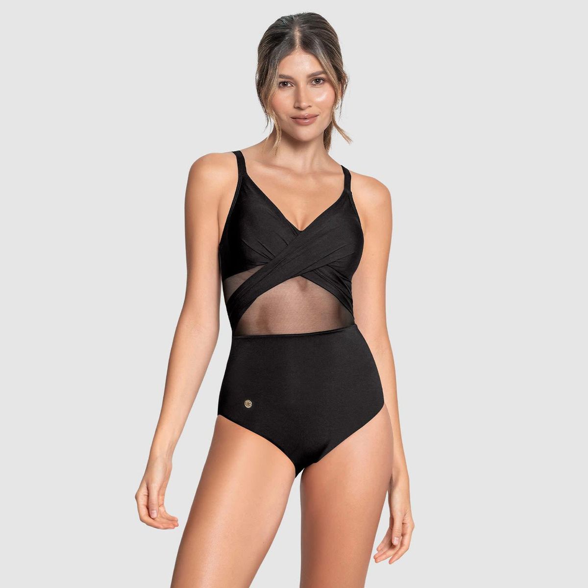 LEONISA - Vestido de baño enterizo de control suave en abdomen y drapeado en escote Leonisa