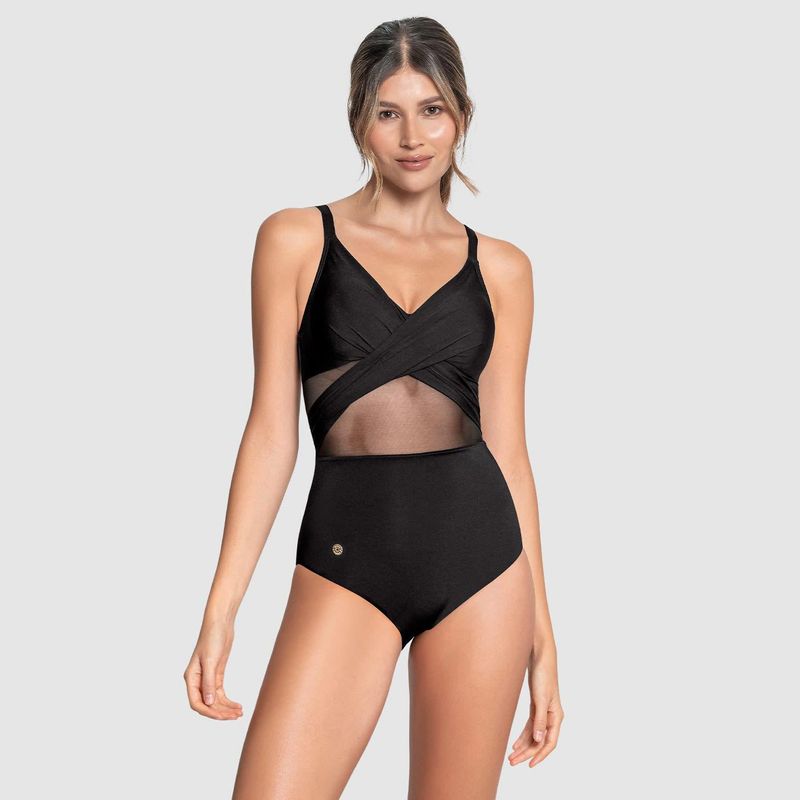 LEONISA - Vestido de baño enterizo de control suave en abdomen y drapeado en escote Leonisa