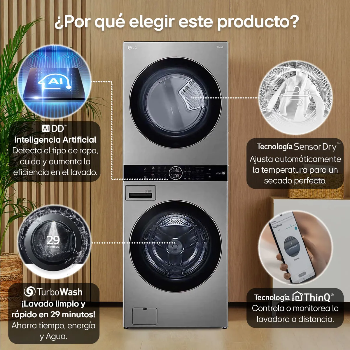 LG - Torre de lavado LG Secado a Gas 22 kg Washtower WK22VS6P con IA 