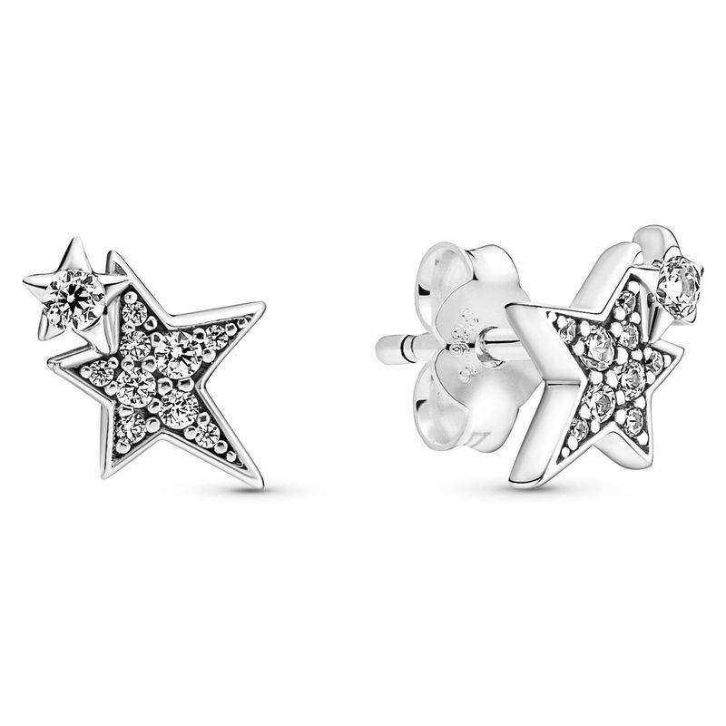 PANDORA - Aretes Pandora Botón Estrellas Asimétricas Brillantes Plata Esterlina