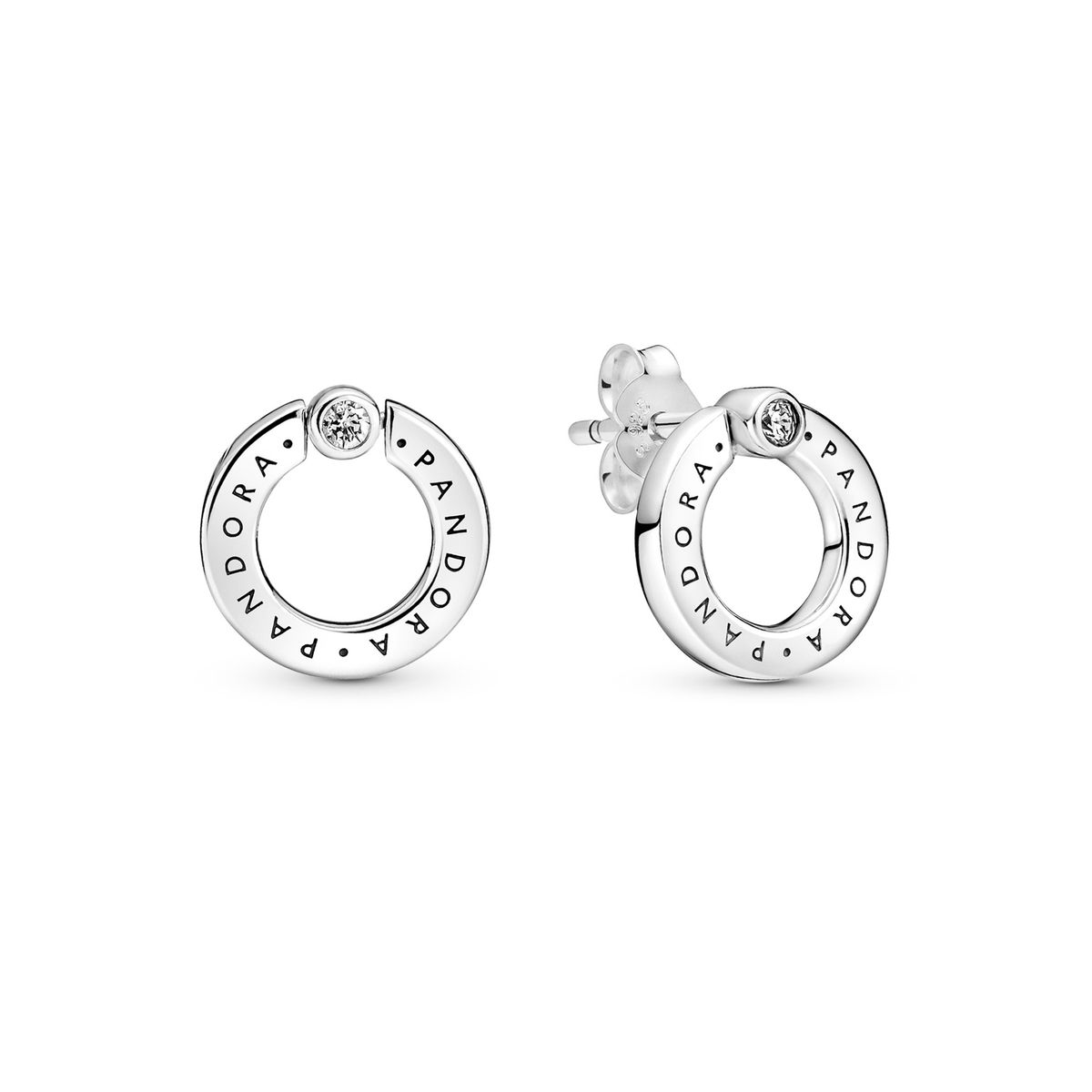 PANDORA - Aretes Pandora botón Reversibles Círculo en Pavé y Logo Plata Esterlina
