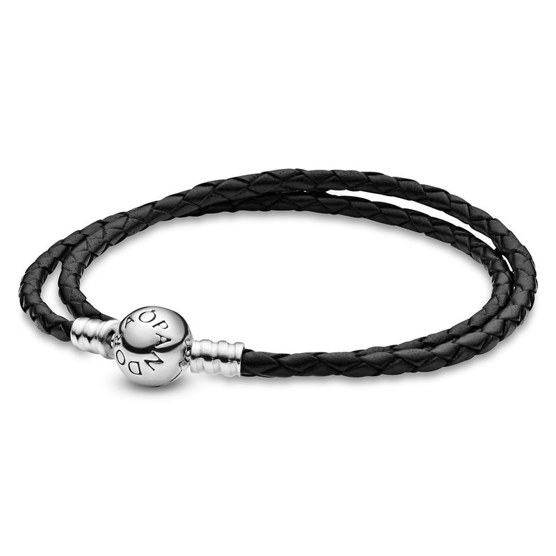 PANDORA - Brazalete Pandora Doble Cuero negro En Plata Esterlina