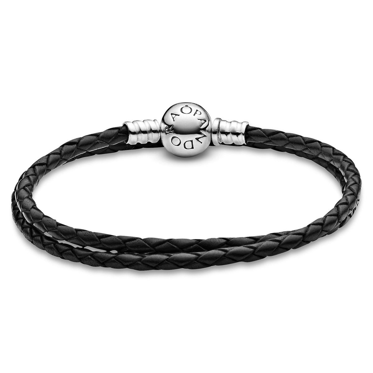 PANDORA - Brazalete Pandora Doble Cuero negro En Plata Esterlina