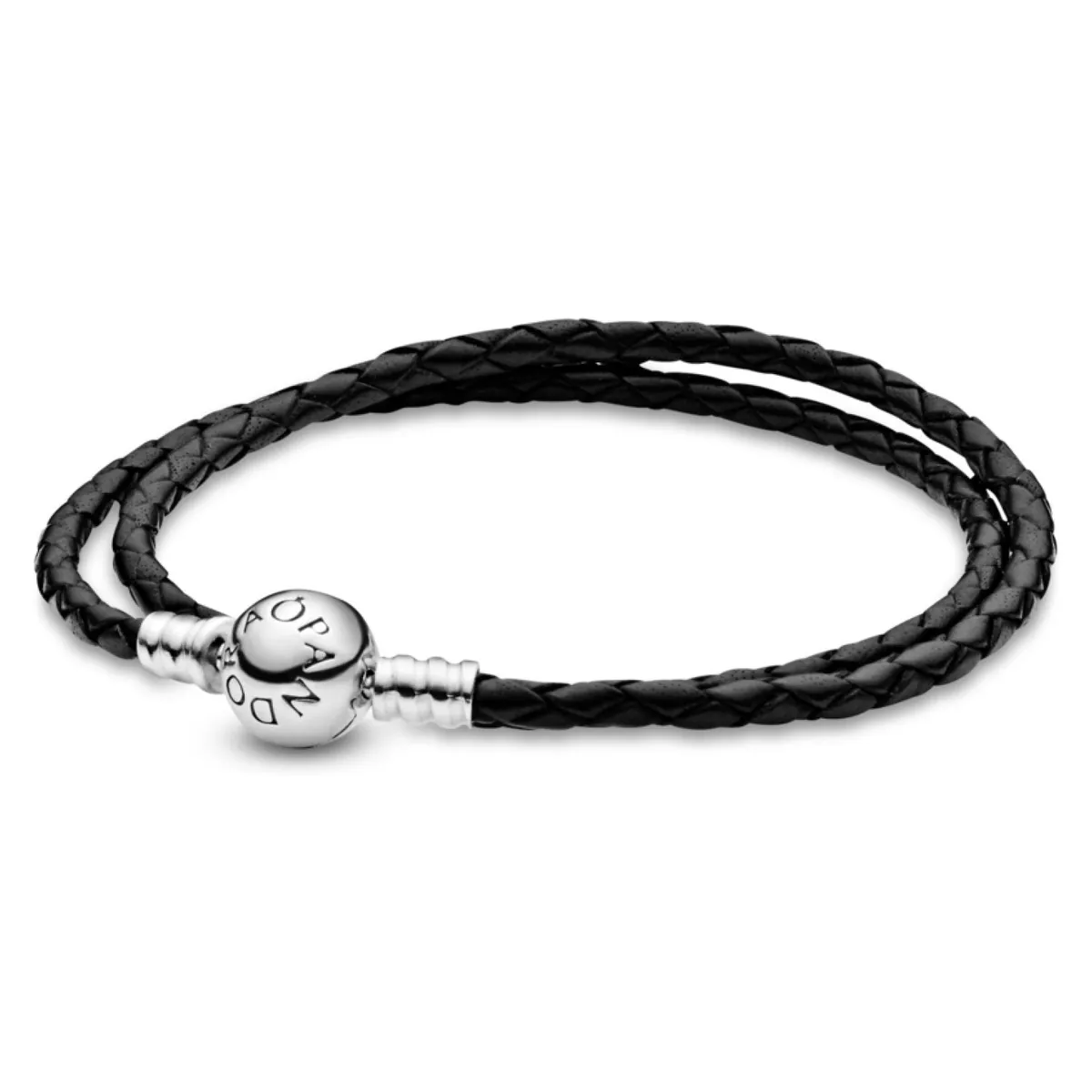PANDORA - Brazalete Pandora Doble Cuero negro En Plata Esterlina