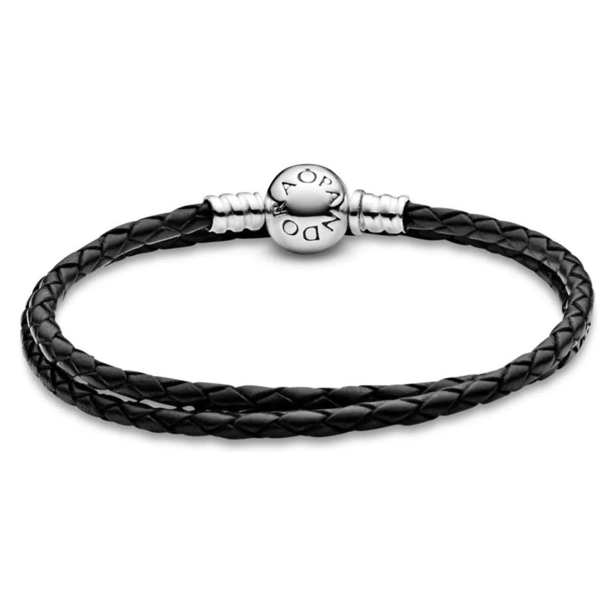 PANDORA - Brazalete Pandora Doble Cuero negro En Plata Esterlina