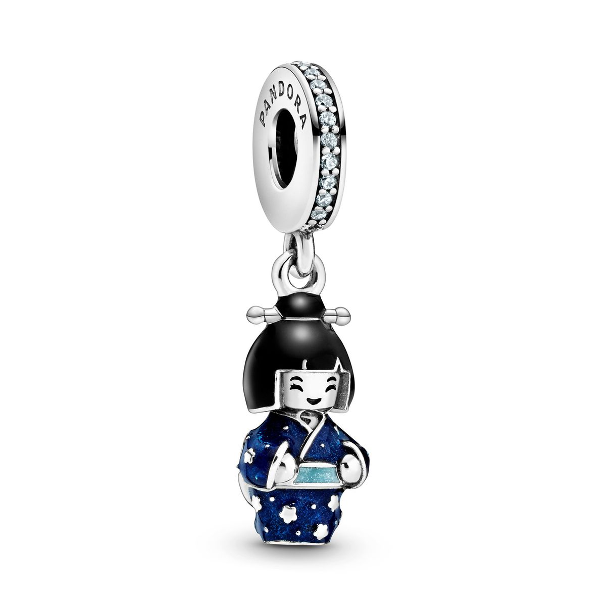 PANDORA - Charm Pandora Muñeca Japonesa con Kimono Azul Plata Esterlina