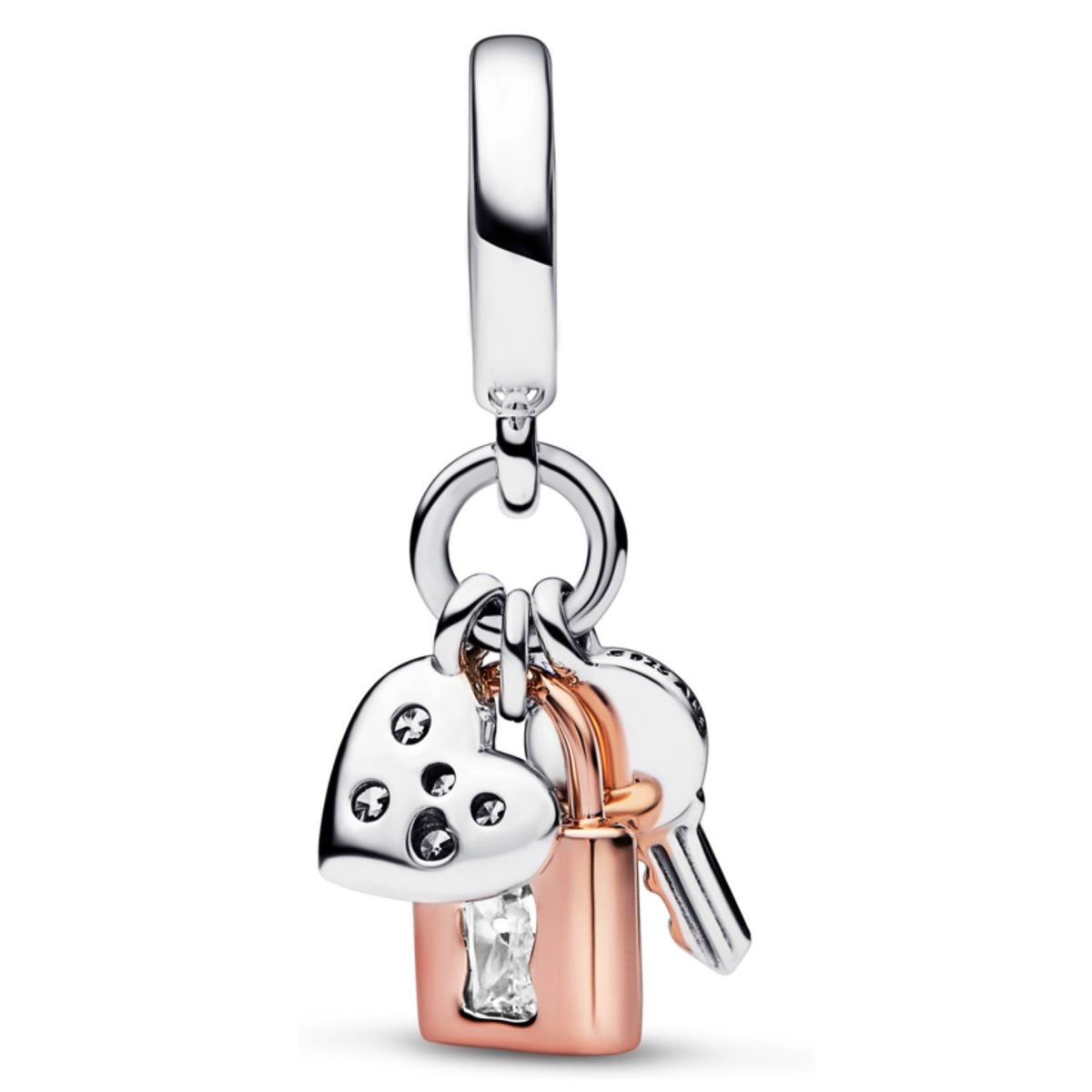 PANDORA - Charm Pandora Triple Llave, Candado y Corazón Plata Esterlina y Recubrimiento en Oro Rosa
