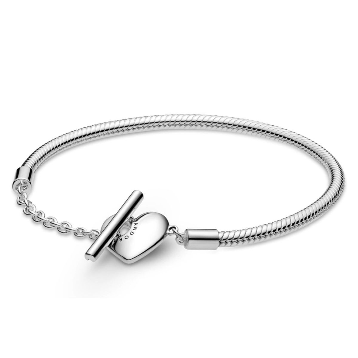 PANDORA - Brazalete Pandora Moments Cadena de Serpiente con cierre en T y corazón Plata Esterlina