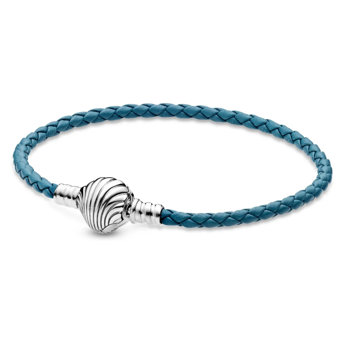 PANDORA - Brazalete Pandora Moments en Cuero Trenzado Turquesa Cierre de Concha Plata Esterlina y Cuero