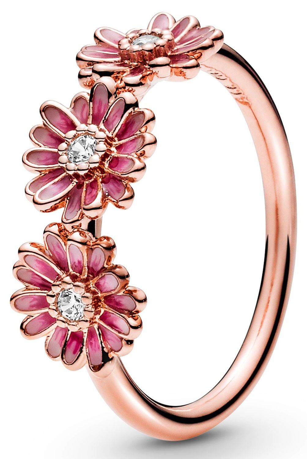 PANDORA - Anillo Trío de Margaritas Rosas Recubrimiento en Oro Rosa 